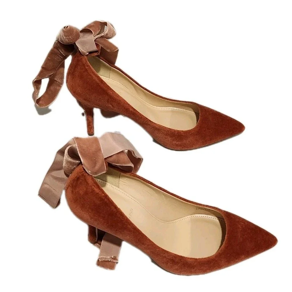J.Crew Elsie Velvet Ankle-Wrap Pumps Rusted Red Size 6.5 W/Dust Bag & Box - Picture 4 of 13